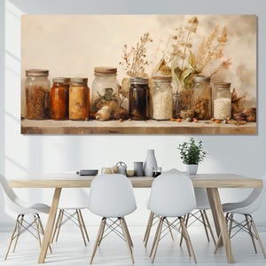 Rustikale Küche Wandkunst, Kräuter und Gewürze Neutrale Töne Leinwanddruck, Küchen Wanddekoration, Gläser mit Kräutern Poster, Rustikale Gewürze Leinwanddruck