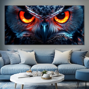 Mystical Owl Canvas Print, Large Owl Poster, Birds Wall Art, Owl Wall Art, Cyber Style Owl Painting Printed on Canvas