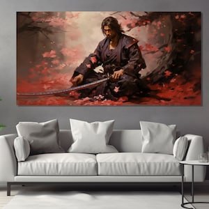 Abstract Samurai in Sakura Garden Canvas Print, Japanese Wall Art, Japanese Wall Decor, Japanese Painting, Abstract Samurai Print