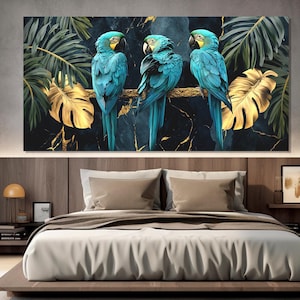 Exotic Parrots Canvas Print, Colorful Parrots Poster, Parrots Wall Art, Birds Wall Art, Parrots on Gold Tree Branch Painting