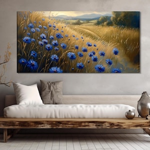 Blue Cornflowers on the Meadow Painting Printed on Canvas, Floral Wall Art, Scenic Nature Poster, Floral Wall Decor, Cornflowers Wall Art