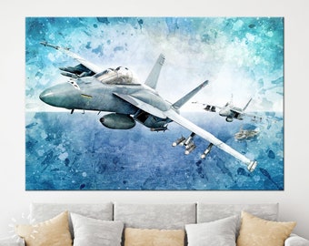 May include: A watercolor painting of a gray fighter jet flying over a blue ocean. The jet is in the foreground and is in focus. The ocean is in the background and is out of focus. The painting has a blue and white color scheme.