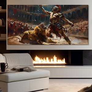 Gladiator Spartacus Fighting a Lion in the Colosseum Painting Printed on Canvas, Gladiator Fight Canvas Print, Ancient Colosseum Painting