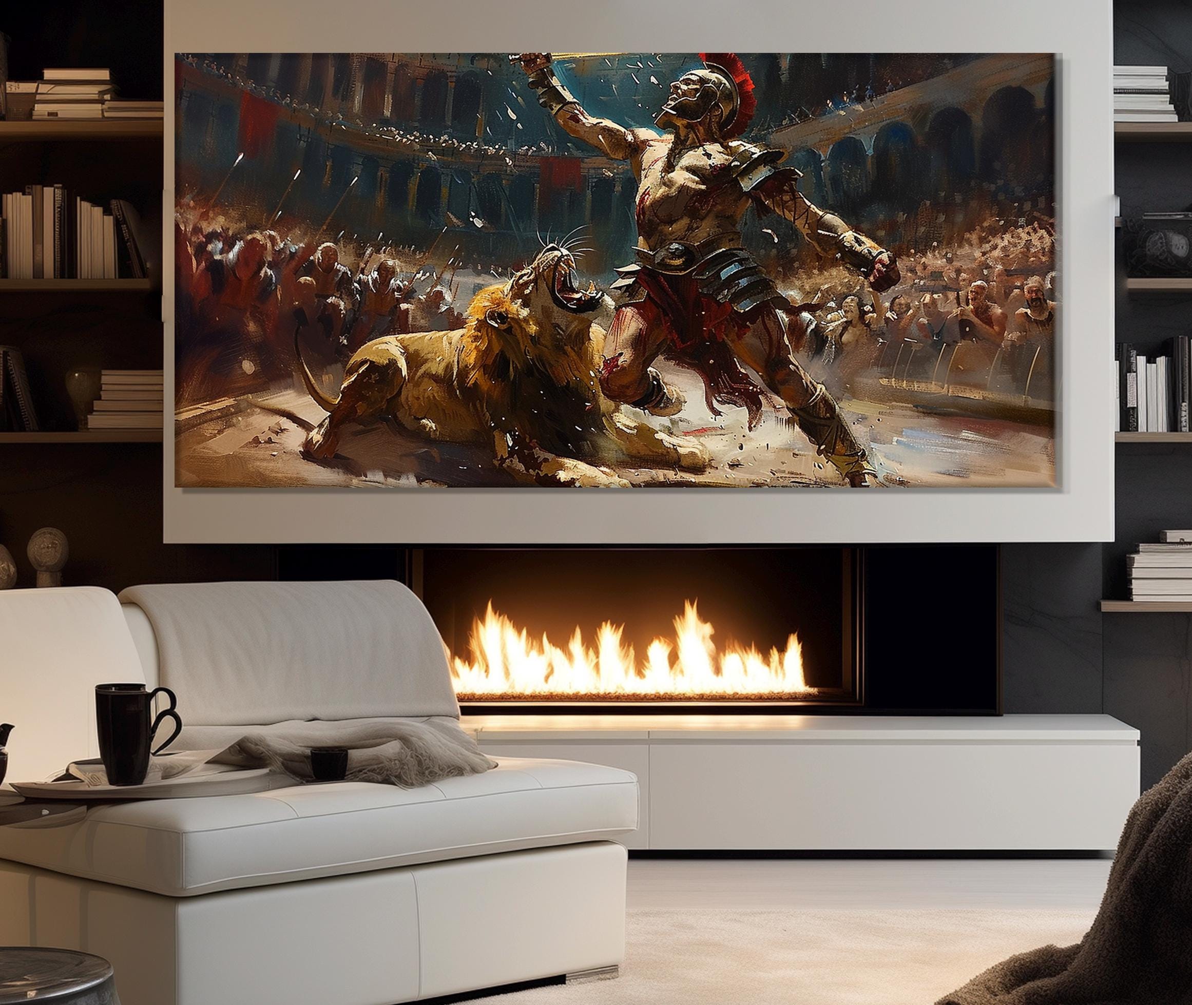 Gladiator Spartacus Fighting a Lion in the Colosseum Painting Printed on Canvas, Gladiator Fight Canvas Print, Ancient Colosseum Painting