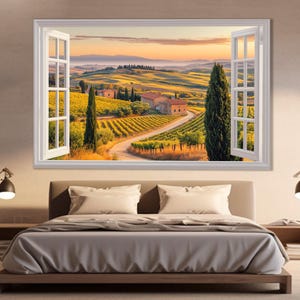 Tuscany View from Open Window Canvas Print, Tuscany Landscape Painting, Faux Window Canvas Art, Italy Canvas Print, Scenic Tuscany  Wall Art