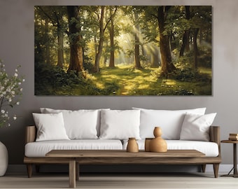 Scenic Dense Forest Painting Printed on Canvas, Large Green Forest Canvas Print, Forest Wall Art, Green Bedroom Wall Decor, Nature Wall Art