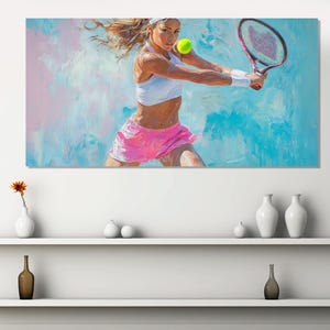 Woman Tennis Player Painting Printed on Canvas, Tennis Wall Art, Tennis Canvas Print, Tennis Fan Gift, Tennis Player Gift, Tennis Club Decor