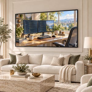 May include: A large rectangular wall art print featuring a home office setup with two computer monitors displaying code, a keyboard, a mouse, and a desk chair, all positioned in front of a window overlooking a scenic mountain landscape.