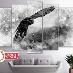 May include: A black and white watercolor painting of a bird in flight. The bird is silhouetted against a cloudy sky. The painting is divided into five panels.