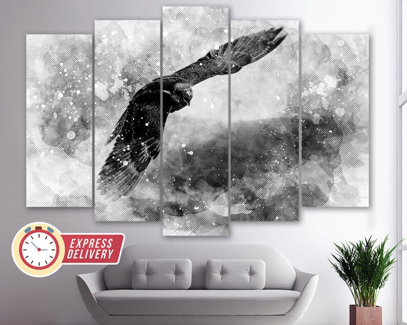 May include: A black and white watercolor painting of a bird in flight. The bird is silhouetted against a cloudy sky. The painting is divided into five panels.