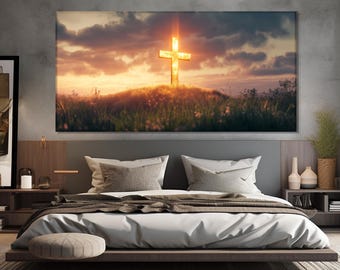 Impressão em tela de cruz dourada, arte religiosa para parede, decoração cristã para parede