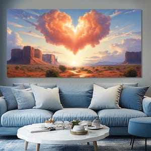 May include: A landscape painting featuring a heart-shaped cloud formation in a vibrant orange and pink hue against a blue sky. The cloud is positioned above a desert scene with rock formations and a winding river.