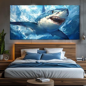 Angry White Shark Painting Printed on Canvas, Sharks Wall Art, Underwater Wall Art, Abstract Sharks Poster, Great White Shark Canvas Print