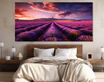 Scenic Lavender Field Canvas Print, Lavender Painting, Lavender Field Poster, Purple Wall Decor, Beautiful Nature Landscape Canvas Art