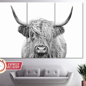 Black and White Highland Cow Canvas Print, Abstract Wall Art, Modern Minimalism, Fashion Gift, Cow Poster, Animals Wall Art, B&W Print