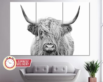 Schwarzweiße Highland Kuh Leinwanddruck, Abstrakte Wandkunst, moderner Minimalismus, Mode Geschenk, Kuh Poster, Tiere Wandkunst, Schwarzweiß Druck