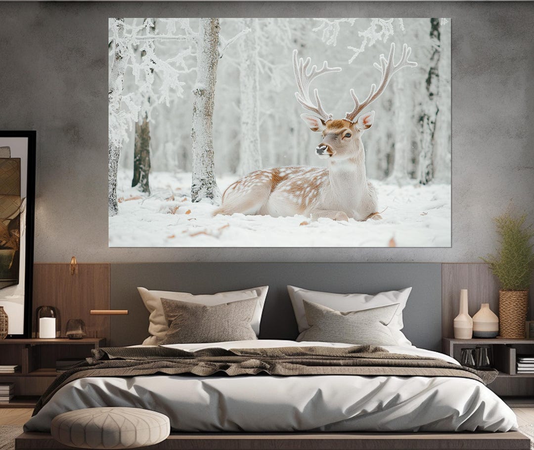 Deer in Winter Snow Forest Canvas Print, Winter Wall Art, Deer Canvas ...