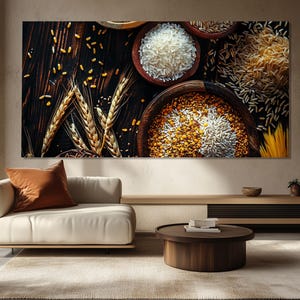 Arte murale di riso, stampa su tela di sorgo, riso e grano, arte murale di cereali, decorazione murale della cucina, dipinto di riso, poster di riso