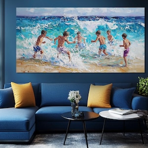 Cuadro impresionista de niños felices jugando en el mar impreso en lienzo, arte de pared infantil, impresión en lienzo de niños en la playa, póster de niños felices
