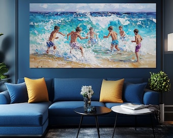 May include: A painting of a group of boys playing in the ocean waves. The painting is done in a colorful, impressionistic style with a focus on the movement of the water and the energy of the boys. The painting is set against a backdrop of a blue sky and white clouds.