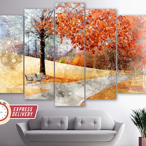 Lienzo de parque otoñal, arte de lienzo otoñal, impresión otoñal, arte mural otoñal, decoración de pared otoñal, foto de parque, póster de parque, póster de otoño