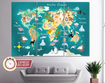 Colorful Children World Map, Cartoon World Map, Kids World Map Canvas Print, Kids Room Decor, Children Room Decor, Large Nursery Wall Art