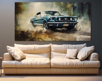 Impresión en lienzo de Ford Mustang, pintura de Ford Mustang, arte de pared de Muscle Cars, impresión en lienzo de Mustang retro, póster de Ford Mustang vintage