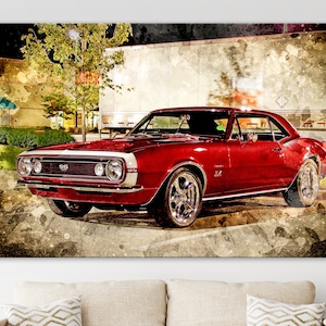 Chevrolet Camaro SS Canvas Print, Muscle Car Wall Art, Maroon Camaro 67, Vintage Camaro Print