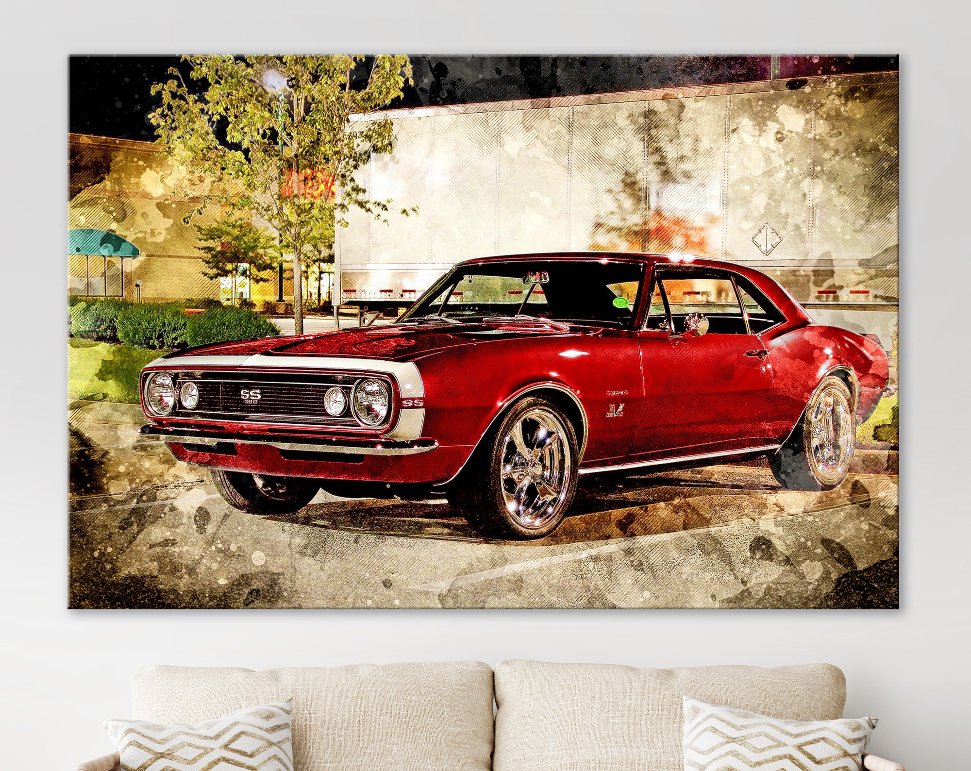 Canvasafdruk Chevrolet Camaro SS, Muscle Car-muurkunst, kastanjebruine Camaro 67, vintage Camaro-afdruk