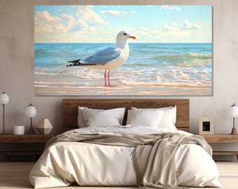 Seagull on the Beach Canvas Print, Seagull Painting, Beach Wall Art, Seagull Poster, Nautical Canvas Print, Seagulls Wall Art