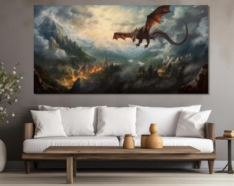 Large Dragon Painting Printed on Canvas, Fantasy Wall Art, Dragon Poster, Medieval Wall Art, Flying Dragon Canvas Print