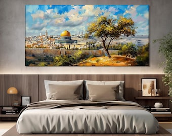 Impresión en lienzo de la antigua Jerusalén, arte mural de Israel, Cúpula de la Roca, pintura del antiguo Israel, póster de Jerusalén, paisaje de Jerusalén