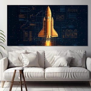 May include: A large canvas print featuring a golden space shuttle launching against a dark blue background with data visualizations and stars. The artwork is displayed above a white sofa with pillows, creating a modern aesthetic.