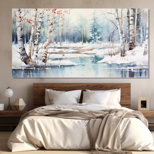 Birken im verschneiten Wald Gemälde auf Leinwand, Winter Landschaft Leinwand Druck, Winter Wandkunst, Winter Schlafzimmer Dekor, Birkenhain