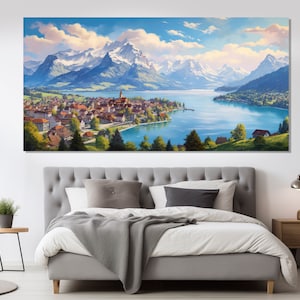 Peinture imprimée sur toile sur le lac des Quatre-Cantons, belle affiche de Lucerne, art mural Suisse, peinture pittoresque sur Lucerne, art sur toile sur le lac Suisse