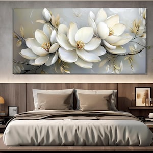 Abstract schilderij witte magnoliabloemen gedrukt op canvas, poster witte magnolia, bloemen muurdecoratie, schilderij witte bloemen