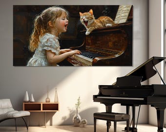 May include: A young girl with long blonde hair plays a piano with a ginger cat sitting on top of the piano. The cat is looking at the girl and has its mouth open as if it is singing along.