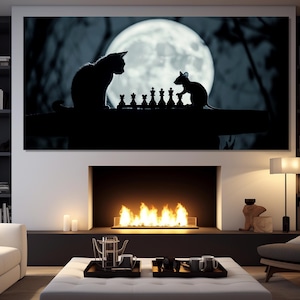 May include: A black cat and a mouse playing chess under a full moon. The chess pieces are arranged on a dark surface. The scene is lit by the moon's glow.
