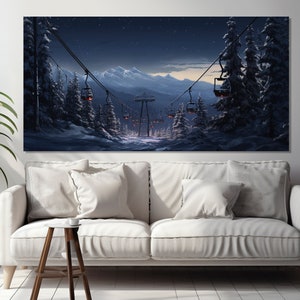 Night Ski Lift in Winter Forest Painting Printed on Canvas, Winter Resort Wall Decor, Cable Car Canvas, Winter Wall Art, Ski Lift Poster