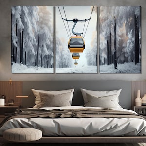 Ski Lift Painting Printed on Canvas, Winter Resort Wall Art, Cable Car Poster, Ski Lift Canvas Print, Ski Lift Poster, Winter Wall Art