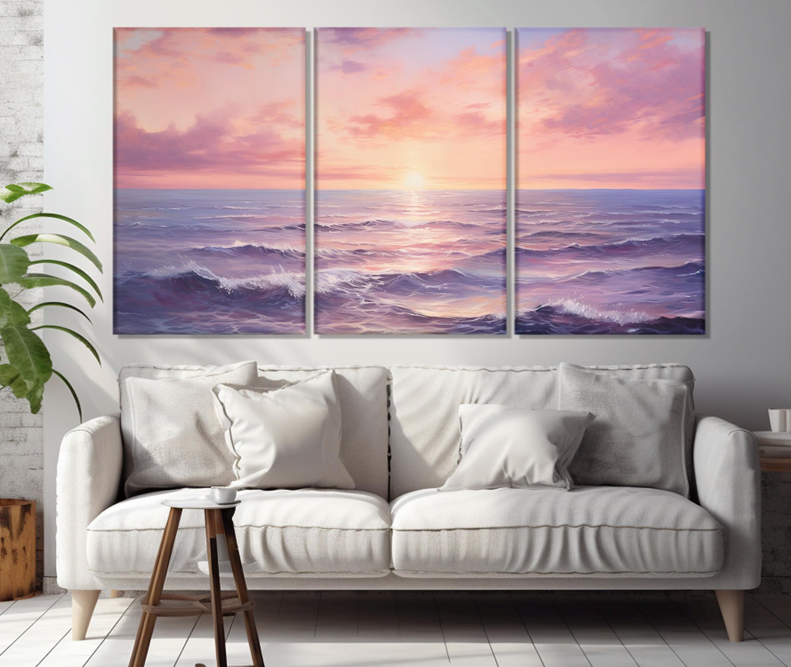 Beautiful Pink Sunset Seascape Painting Printed on Canvas, Scenic Sea ...