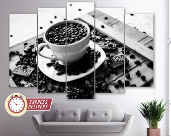 White Cup with Black Coffee Beans Black and White Canvas Print, Coffee Wall Art, Cafe Decor, Coffee Shop Decor, Kitchen Wall Art, Coffee Art