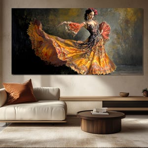 Spanish Woman in Ornate Dress Canvas Print, Spanish Dance Painting, Dance Studio Decor, Latin Dance Wall Art, Dancing Class Wall Decor