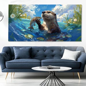 Niedlicher Otter mit Fisch im blauen See Gemälde auf Leinwand, Otter Poster, Kinderzimmer Wandkunst, Kinderzimmer Wanddeko