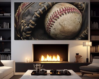 Impressão em tela de luva e bola de beisebol antigas, arte de parede de beisebol, decoração de parede de caverna masculina, arte em tela de beisebol, decoração de pub esportivo, pôster de beisebol