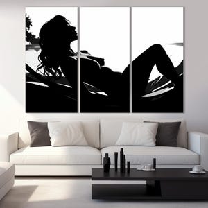 May include: A black and white silhouette of a person lying on a bed with their head turned to the side. The image is split into three panels.