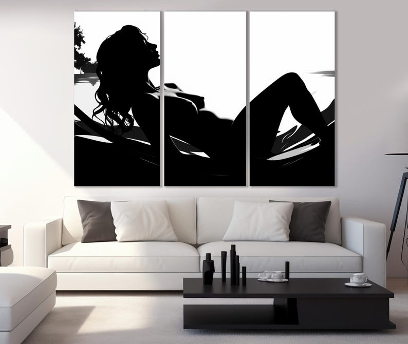 May include: A black and white silhouette of a person lying on a bed with their head turned to the side. The image is split into three panels.