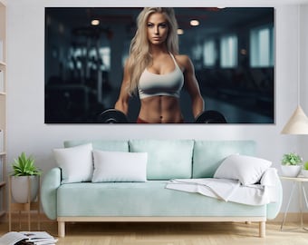 Fit Blond Woman in the Gym Canvas Print, Fitness Motivation Wall Art, Fitness Painting, Gym Wall Decor, Women Workout Wall Art
