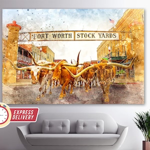 Taureaux de Fort Worth, parcs à bestiaux de Fort Worth, oeuvre d'art murale de Fort Worth, peintures de Fort Worth, toile de Fort Worth, toile du Far West, impression de Fort Worth