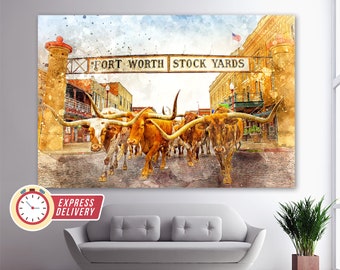 Fort Worth Bulls, Fort Worth Stockyards, Fort Worth Wandkunst, Fort Worth Gemälde, Fort Worth Leinwand, Wilder Westen Leinwand, Fort Worth Druck